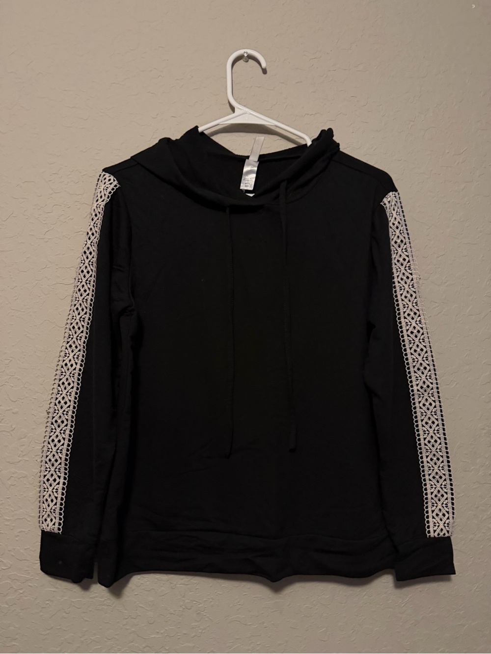 Women's Black Hoodie with White Lace-Trim Sleeves and shorts